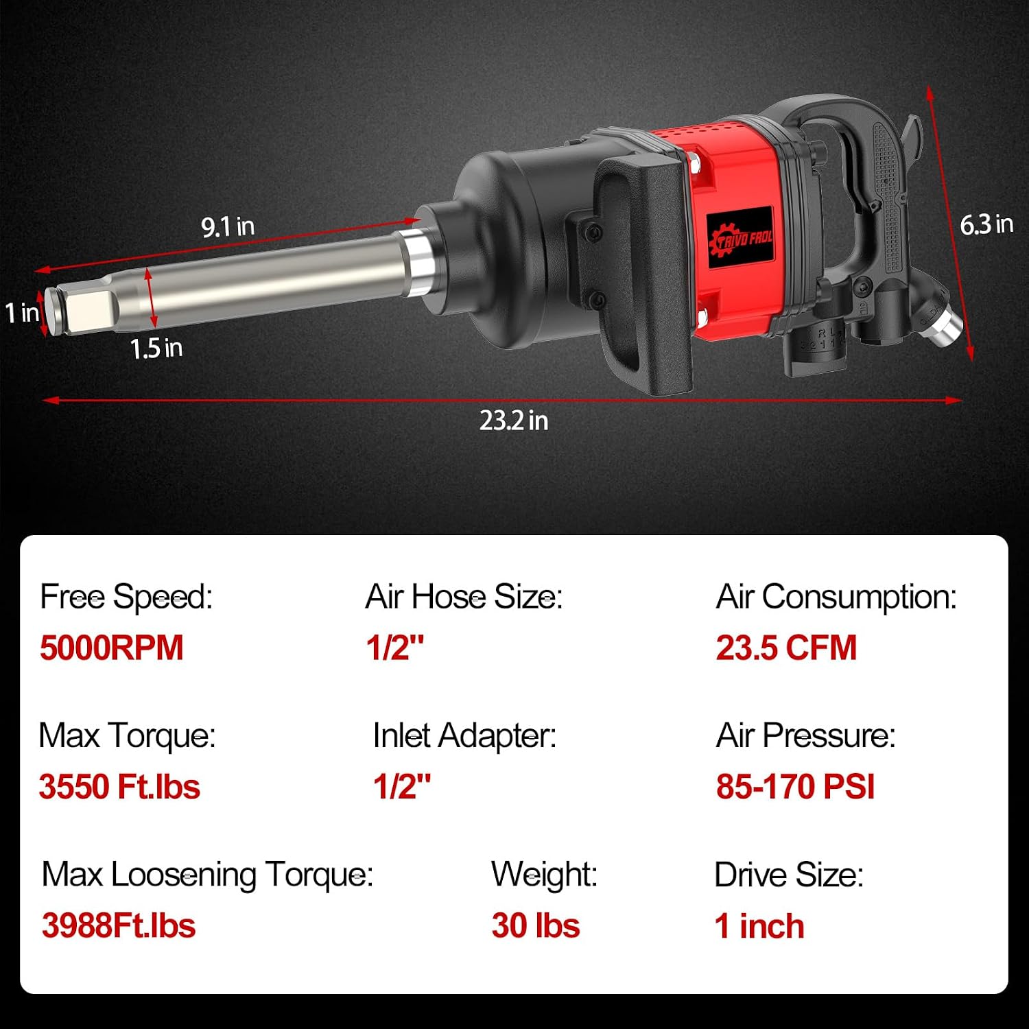 Trivd Frol Air Impact Wrench 1 inch Impact Gun 1 Inch Impact Wrench, Up to 3550 Ft.lbs, 5000RPM High Torque Pneumatic Impact Wrench with 32mm-33mm Sockets, 1/2' Air Inlet for Heavy Duty Repairs