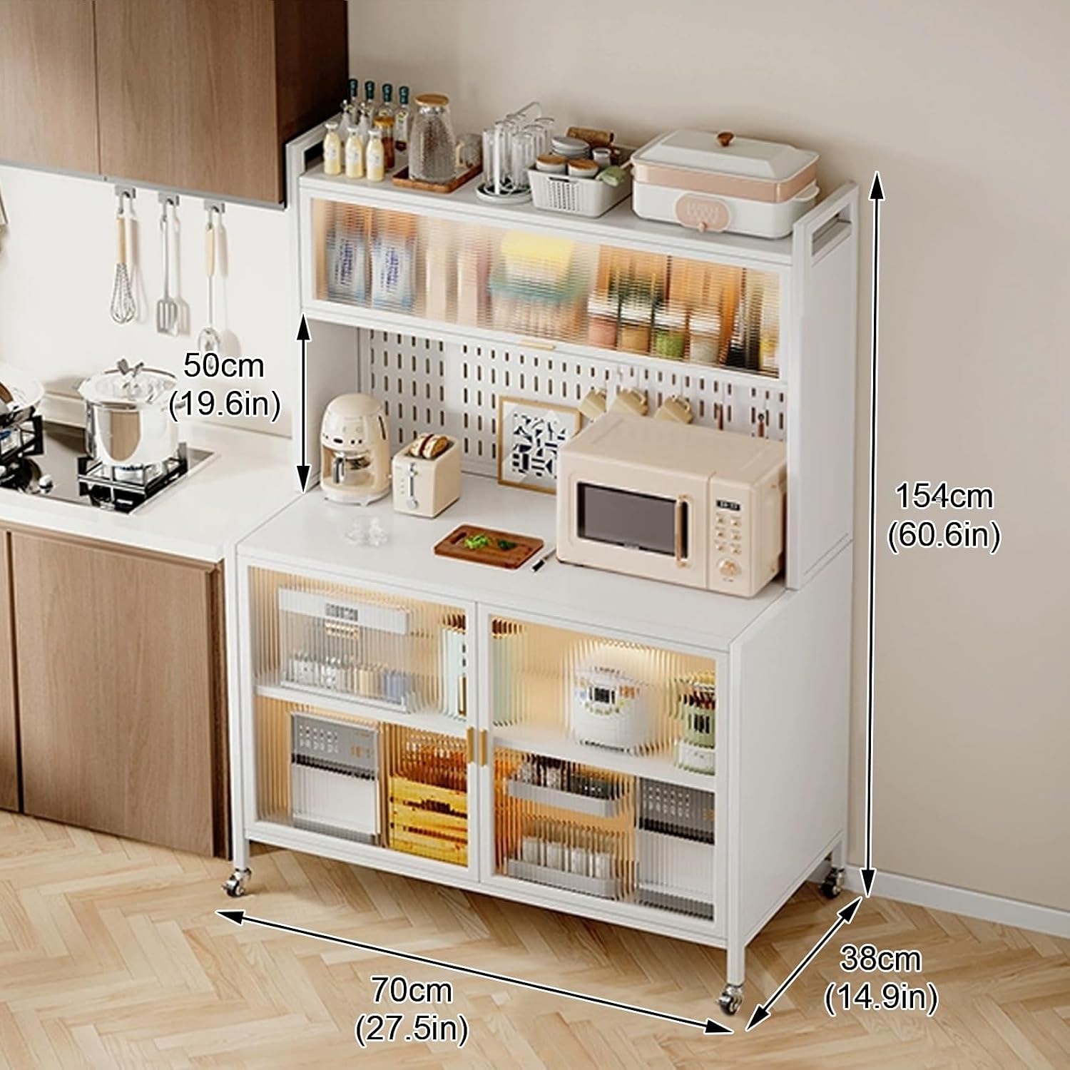 Bakers Rack with Wheels, Microwave Stand with Storage, Kitchen Storage Cabinet, Utility Shelf for Kitchens, Spacious Operating Table(White,70cm)