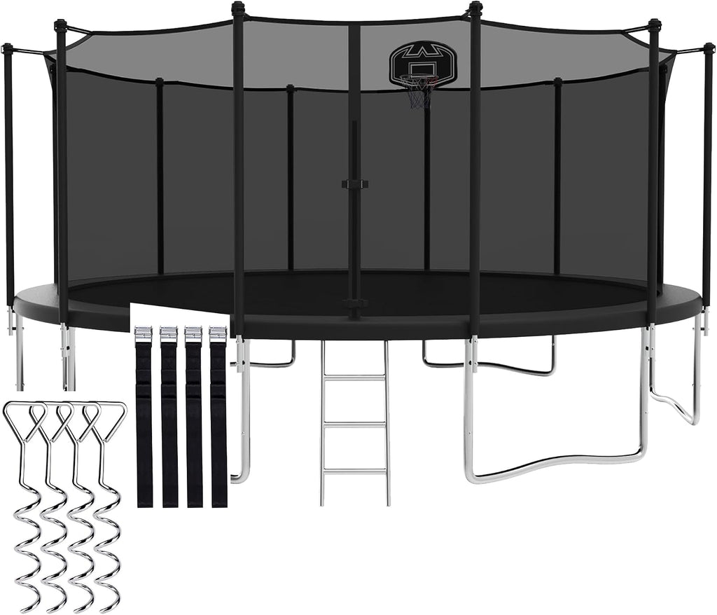 1500LBS Capacity No-Gap Design 8 10 12 14 15 16 FT Recreational Jumper with Enclosure Net, Wind Stakes & Basketball Hoop, ASTM Approved, Perfect for Kids & Adults Family Outdoor Backyard Fun