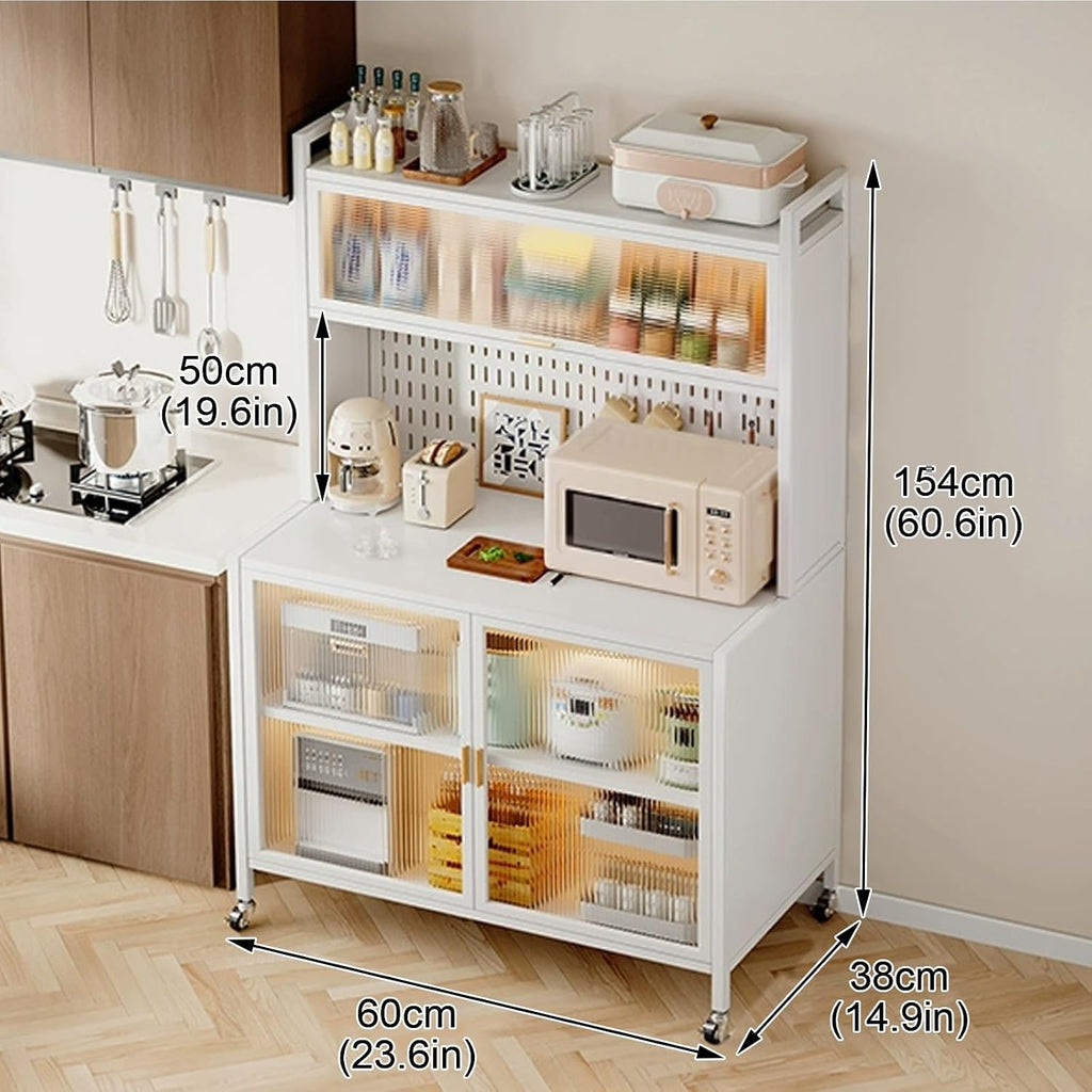 Bakers Rack with Wheels, Microwave Stand with Storage, Kitchen Storage Cabinet, Utility Shelf for Kitchens, Spacious Operating Table(White,60cm)