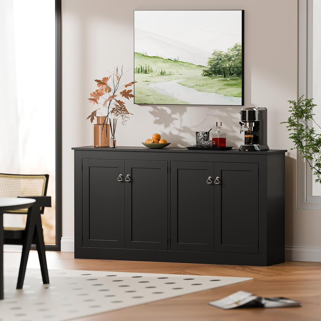 Cozy Castle Buffet Cabinet with Storage - Kitchen Storage Cabinet Wood Console Table Coffee Bar Accent Cabinets for Living Room Dining Room Entryway Black 57.5' W