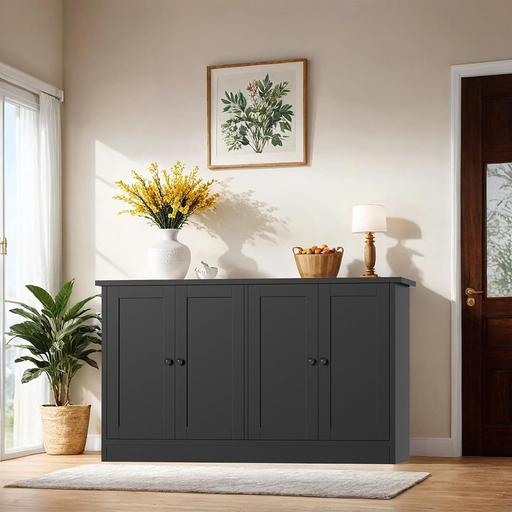 holzart Black Buffet Cabinet with Storage, 49' Modern Kitchen Sideboard with 4 Doors & Adjustable Shelves, Wood Coffee Bar Cabinet Console Table for Dining Room, Living Room, Entryway