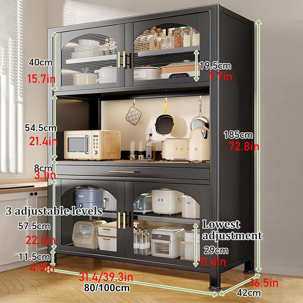 JKGHK Kitchen Pantry Cabinet Buffet with Drawer Storage, 72.8in Microwave Stand with 3 Adjustable Levels, Standing Bakers Racks with Glass Doors, for Dining Room(White,100cm/39.3in)
