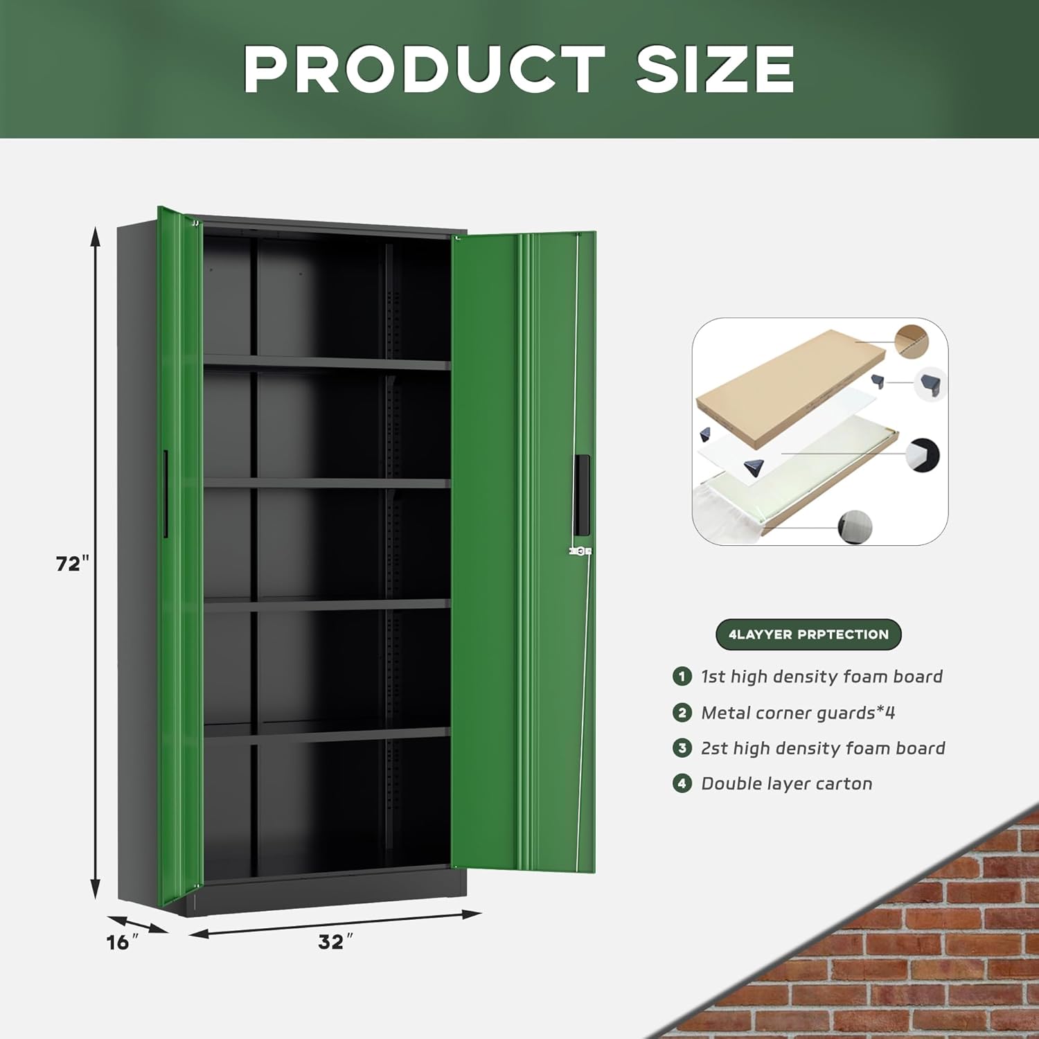 Greenvelly Metal Garage Storage Cabinet, 72' Black Green Tool Steel Locking Cabinet with Doors and 4 Shelves, Tall Cabinets for Garage Storage Systems Lockable File Cabinet for Home Office,Garage