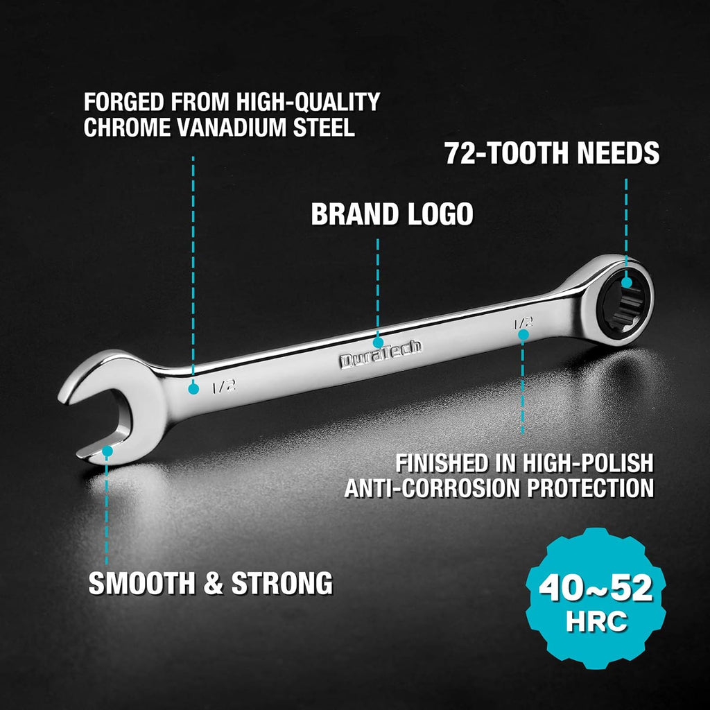 DURATECH Ratcheting Wrench Set, Anti-Slip Wrench Set, SAE & Metric, 44-piece, 1/4' to 3/4' & 6-18mm, CR-V Steel, with Pouch