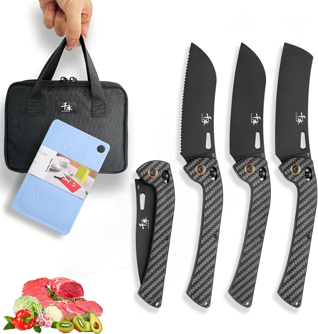SENBON foldable chef's knife, AUS-8 stainless steel with black titanium plating, carbon fiber handle with back clip, Fruit knife, bread knife 4-piece set