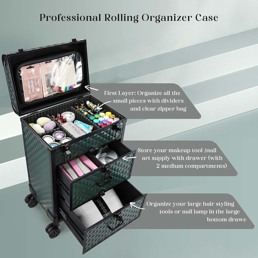 Professional Rolling Makeup Train Case with Drawers, Makeup Case on Wheels, Nail Tech Rolling Cart Storage Organizer Trolley Make up Case for Travel Makeup/Nail Art/Hair Styling, Dark Green