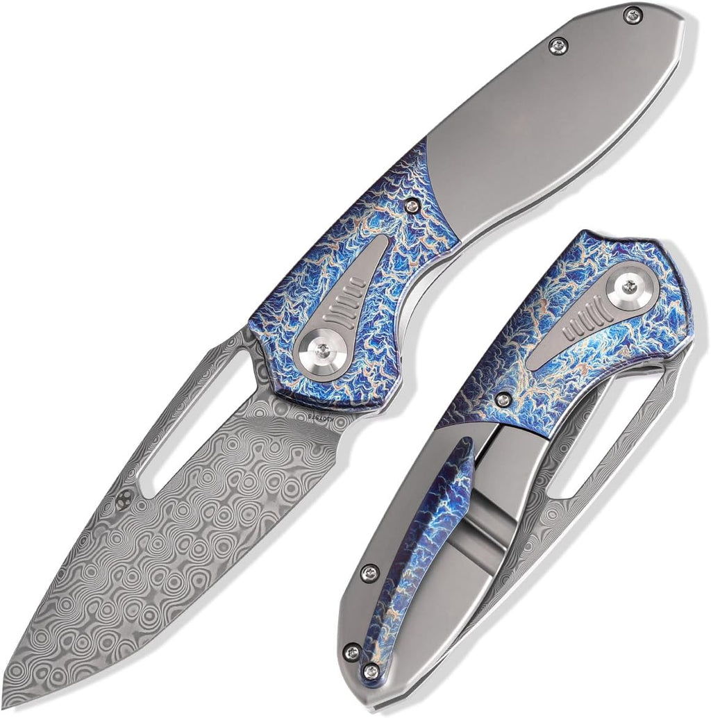 KANSEPT Thoth Pocket Knives for Men 8.05in Folding Pocket Knives with 3.43in Damascus Material and Bead Blasted Titanium Lightning Strike Finished Titanium Inlay Handle K1075T5