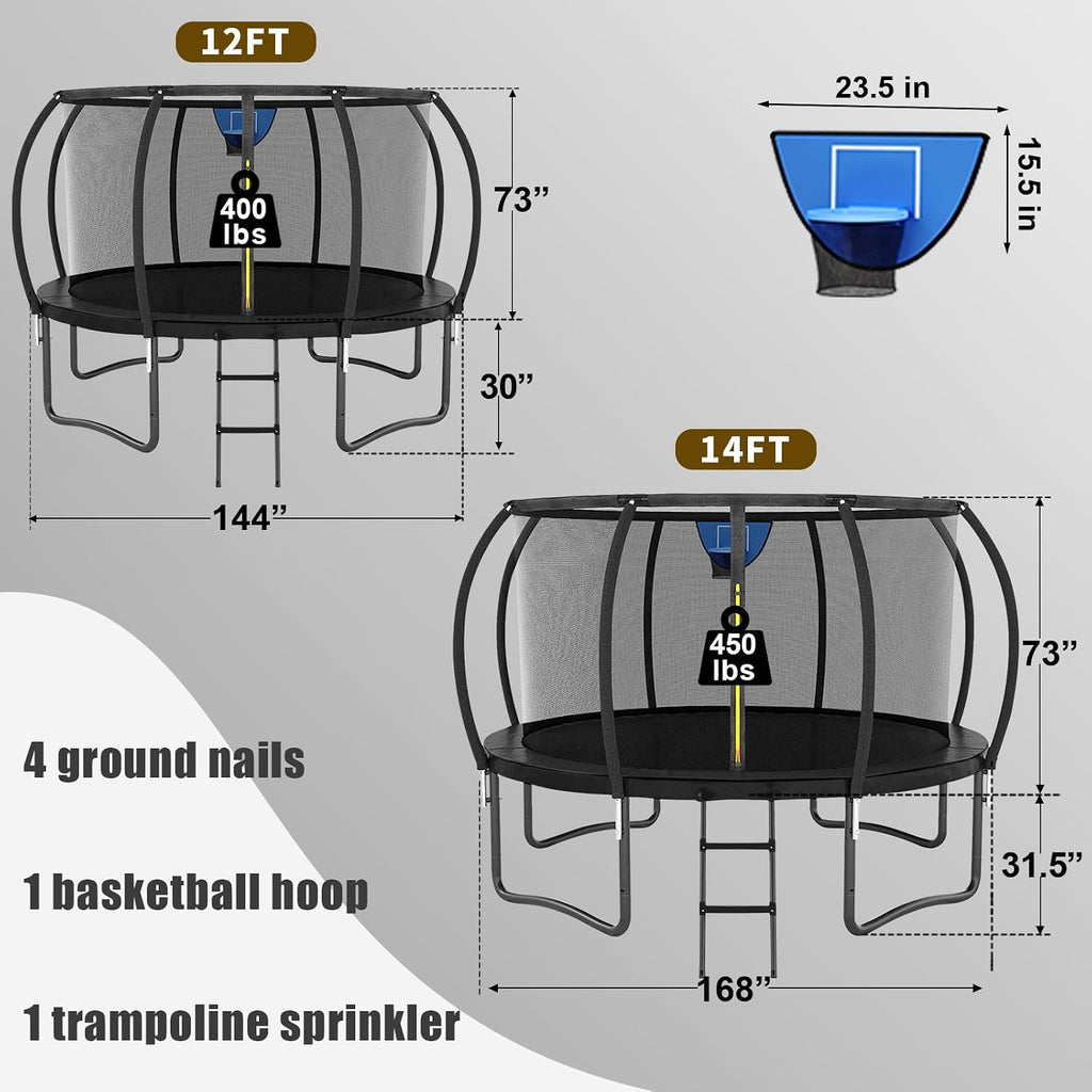 12FT 14FT Trampoline for Adults/Kids - Outdoor Trampoline with Basketball Hoop, Curved Poles, Enclosure Net and Ladder, Heavy Duty Recreational Trampoline, ASTM Approval