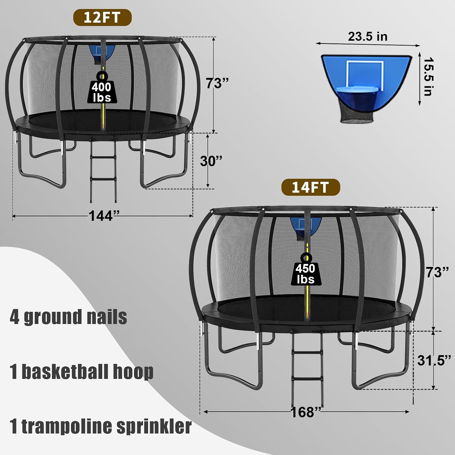 12FT 14FT Trampoline for Adults/Kids - Outdoor Trampoline with Basketball Hoop, Curved Poles, Enclosure Net and Ladder, Heavy Duty Recreational Trampoline, ASTM Approval