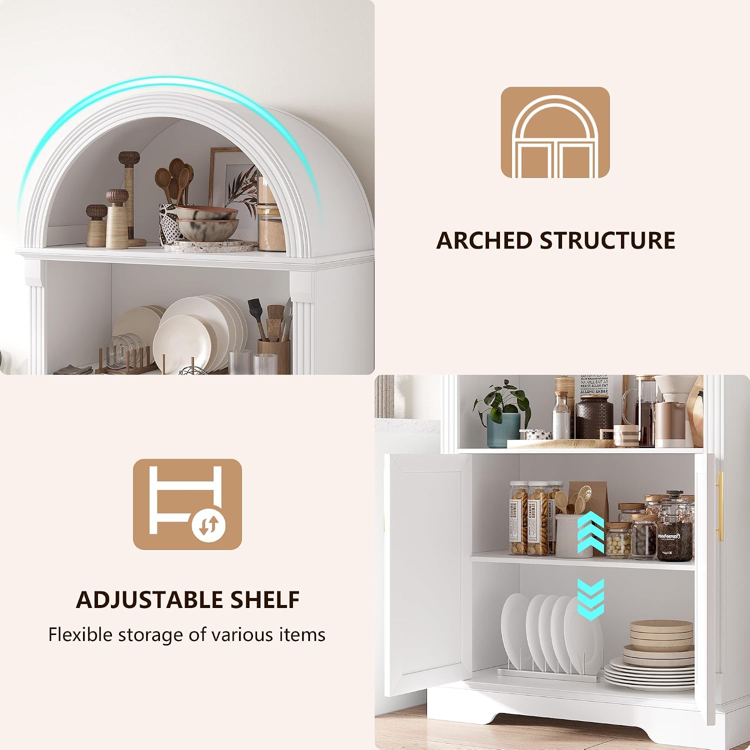 Vlsrka 71' Tall Arched Cabinet, Kitchen Pantry Cabinets, Arched Bookshelf/Bookcase,China Cabinet, Wood Kitchen Storage Cabinets with Open & Adjustable Shelves, Induction 3 Color Lights, White