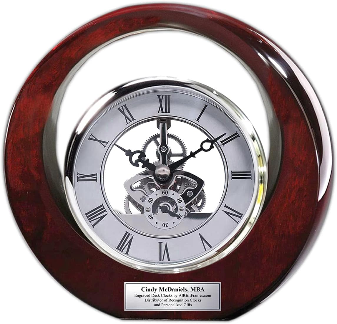Executive Engraved Silver Gear Da Vinci Marquee Dark Cherry Personalized Desk Clock Employee Recognition Service Award Wedding Anniversary Desk Clock Retirement Coworker Boss Colleague