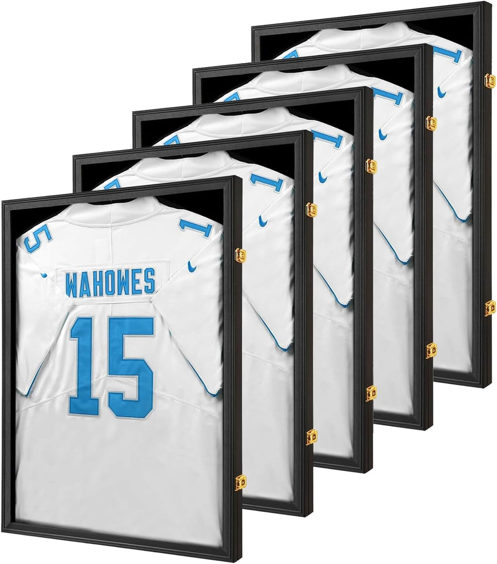 Jersey Frame Display Case 5 Pack-Wood Jersey Display Shadow Box- Lockable Jersey Frame with 2 Wall Hangers and UV Protected Acrylic for Football Baseball Basketball Jersey-Black