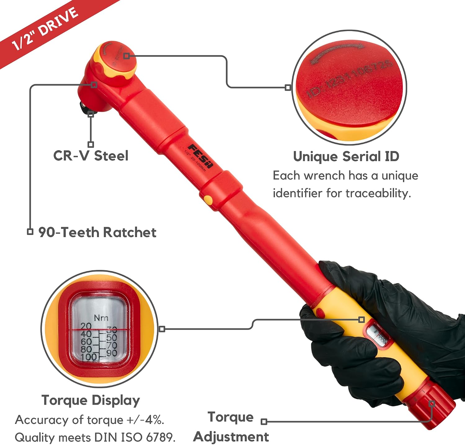 FESA Electrician Insulated Torque Wrench - 1000V Electrician Torque Wrench w/Easy Torque Adjustment & Scale Display - Each Insulated Wrench Has ID for Traceability (1/2' Drive, 20-100 Nm Range)