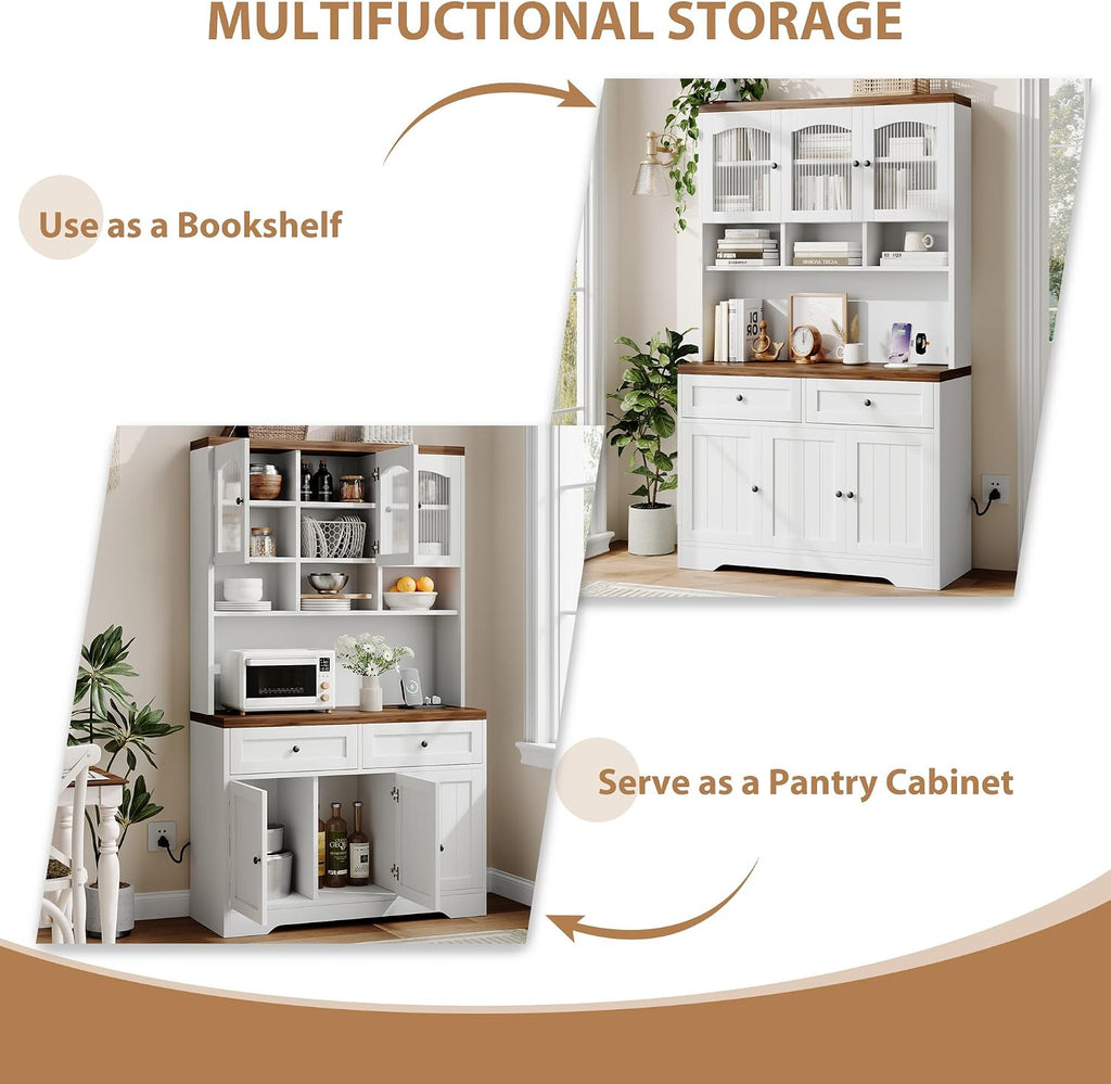 Garvee 71' Pantry Cabinet with Charging Station, Tall Kitchen Pantry Storage Cabinet with Microwave Stand, Farmhouse Kitchen Hutch with Storage Drawers for Living Room, Dining Room, White