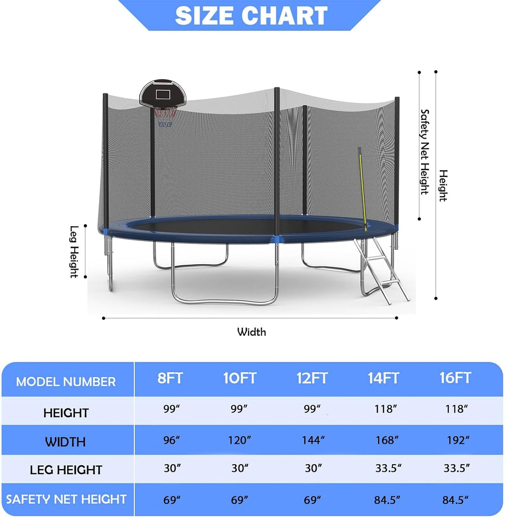 14FT Tranpoline for Kids with Safety Enclosure Net Recreational Round Tranpoline with Basketball Hoop ASTM Approval Backyard Outdoor Tranpoline with Spring Pad Cover & Ladder
