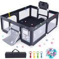 INFANS 74' x 62' Baby Playpen with Soft Mat, Basketball Hoop, 2 Soccer Goals, 4 Handles & 50 Ocean Balls, Breathable Mesh, Large Play Yard for Toddlers (Grey Black)