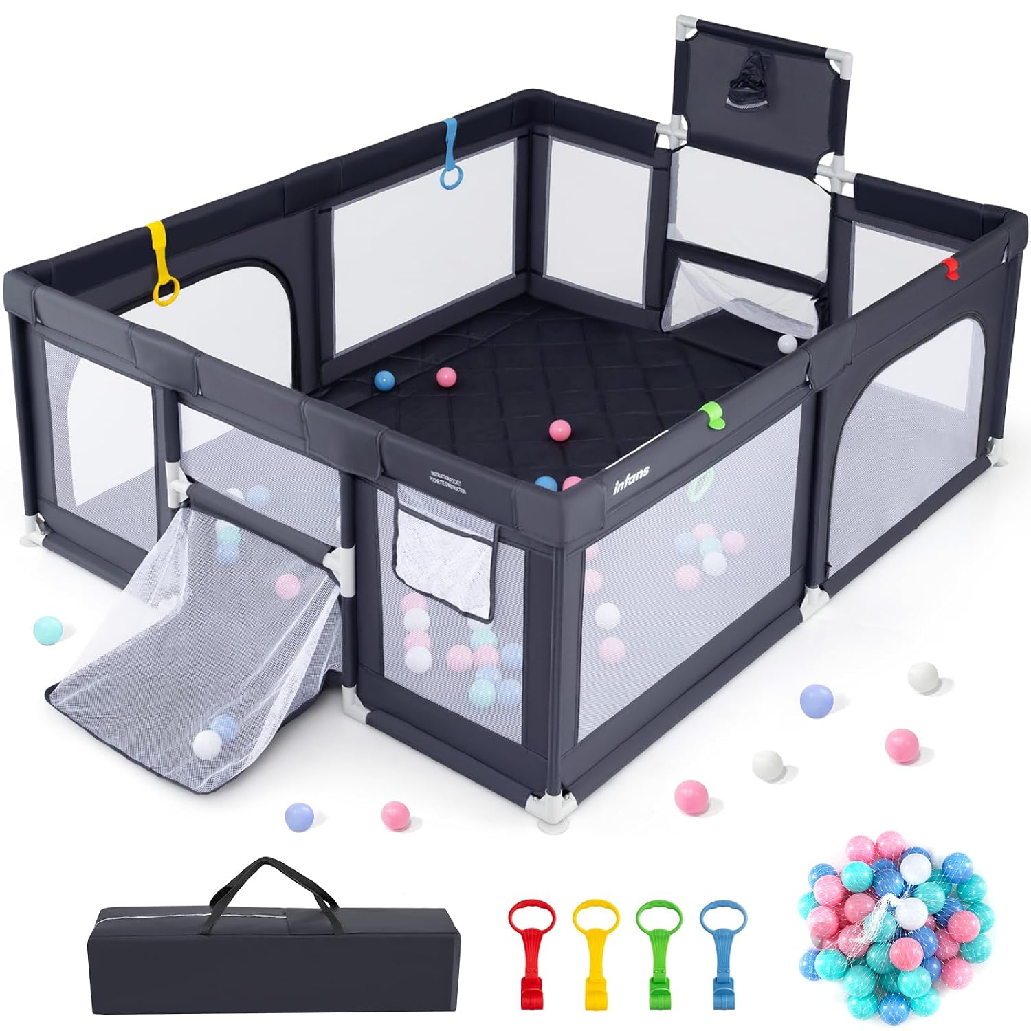 INFANS 74' x 62' Baby Playpen with Soft Mat, Basketball Hoop, 2 Soccer Goals, 4 Handles & 50 Ocean Balls, Breathable Mesh, Large Play Yard for Toddlers (Grey Black)