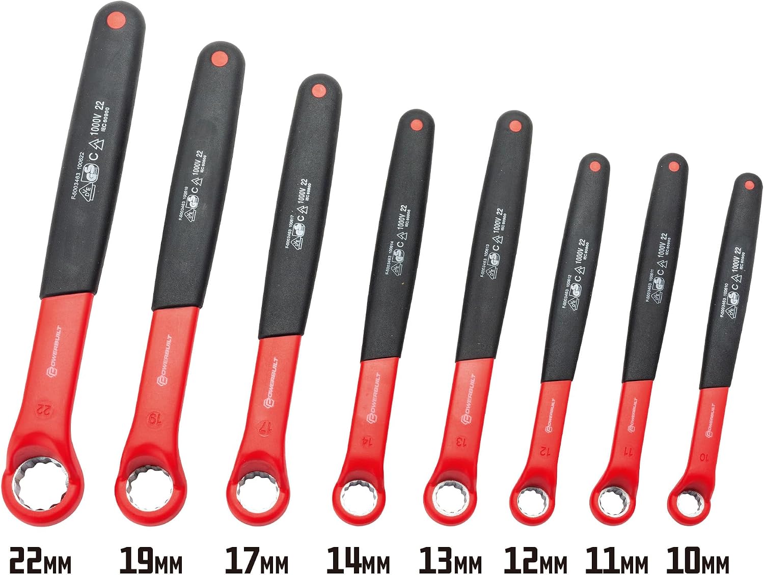 Powerbuilt 8-Piece Box End Insulated VDE Wrench Set, Rated for 1000V, Sizes 10mm-22mm, Electric and Hybrid Vehicles, Home Electrical and Car Repair - 642960