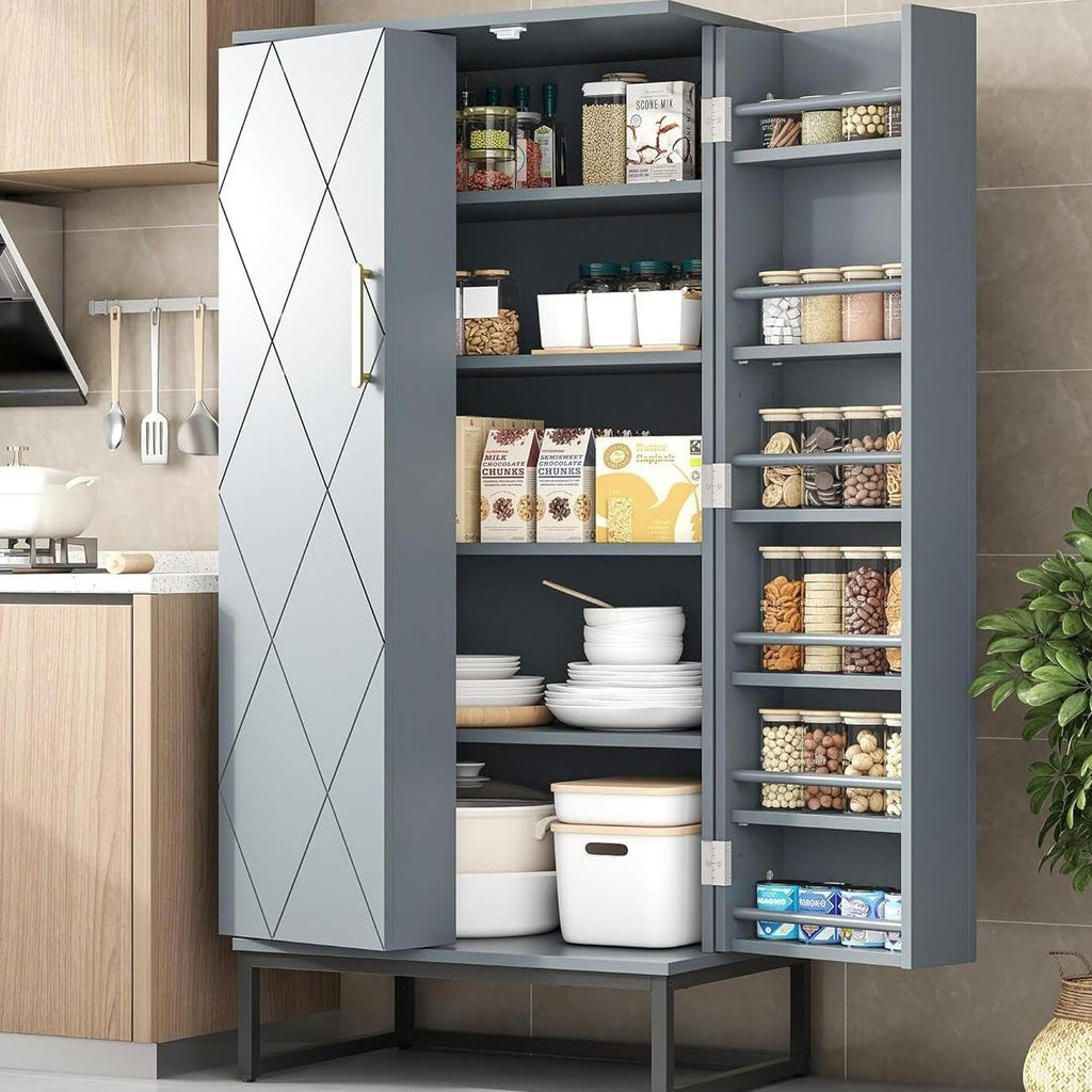 kepptory Grey Pantry Cabinet with Golden Metal Base, 51' Freestanding Kitchen Storage Cabinet, Adjustable Shelves Food Pantry Organization for Kitchen, Living Room, Hallway, Tall Pantry Cabinet