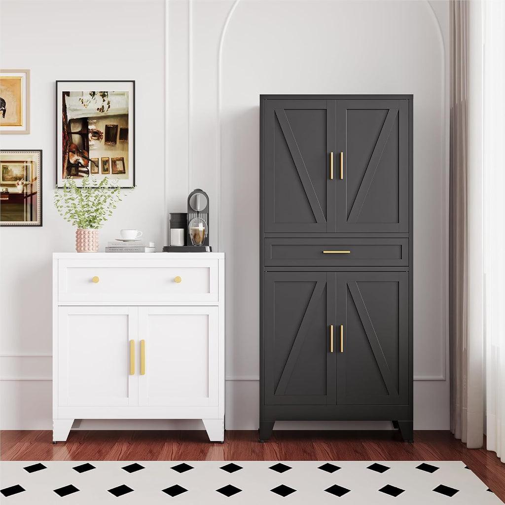 QINPTWUT 71' Farmhouse Pantry Cabinet in Black, with 4 Doors & Center Drawer, Tall Food Cabinet with Adjustable Shelves, Freestanding Steel Cupboard for Kitchen, Dining Room, Pantry, Garage