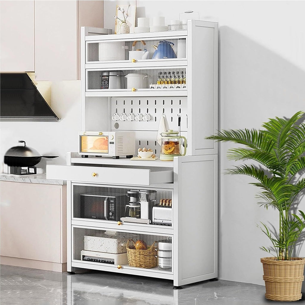 Freestanding Multi-Layer Kitchen Floor Cupboard，Microwave Storage Stand,Kitchen Bakers Rack with Drawer, Kitchen Cabinets with Worktop, Wide Tabletop, Large Capacity(White,60cm)