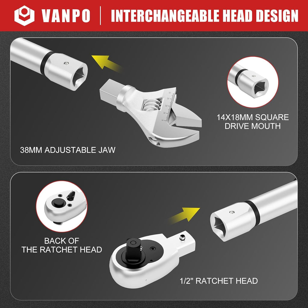 VANPO Adjustable Digital Torque Wrench, 7.4-147.5Ft.lb/10-200Nm, ±2% Accuracy, HVAC Torque Wrench Interchangeable 38mm Jaw & 1/2' Ratchet, Buzzer, Vibration and LED Alert for Split AC, Car