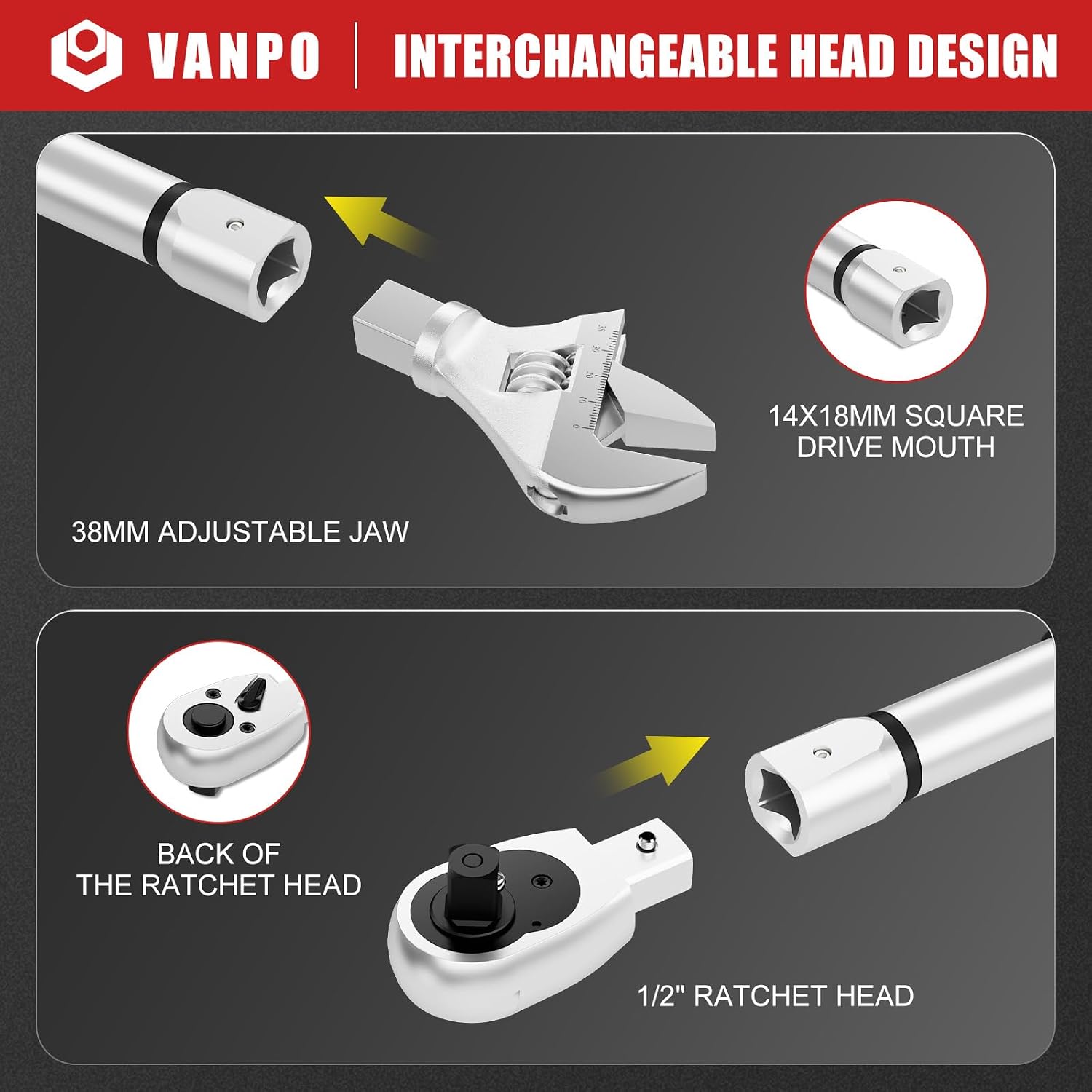VANPO Adjustable Digital Torque Wrench, 7.4-147.5Ft.lb/10-200Nm, ±2% Accuracy, HVAC Torque Wrench Interchangeable 38mm Jaw & 1/2' Ratchet, Buzzer, Vibration and LED Alert for Split AC, Car