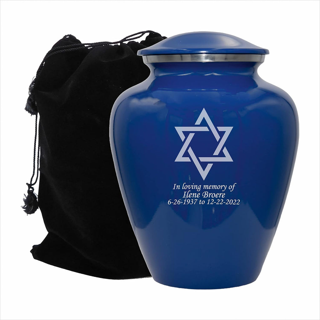 Star of David Blue Cremation Urn for Human Ashes, Jewish Cremation Urn, Religious Ash Urns with Personalized Engraving (Blue)