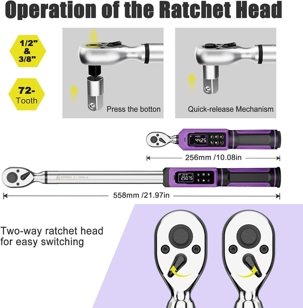 ANPUDS Digital Torque Wrench Set 3/8' & 1/2' Drive, ±1% Accuracy | 0.66-44.25 Ft-lb & 3.76-250.75 Ft-lb, Electric Torque Wrench with Vibration/Buzze/LED Flash Alert, for Car Motor Bike Repair