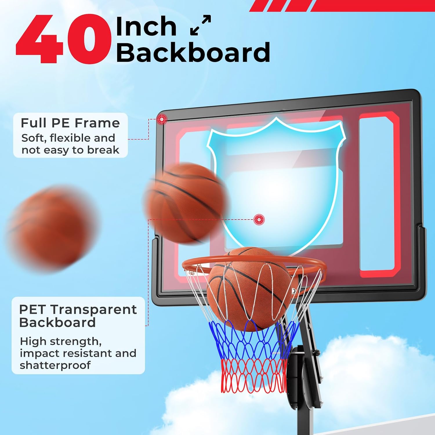 S AFSTAR Basketball Hoop, Max to 8.5 FT, 10 Adjustable Heights, 40' Shatterproof Backboard, 77 LBS Weight Bag Included, Portable Basketball Hoop for Kids, Youths & Adults