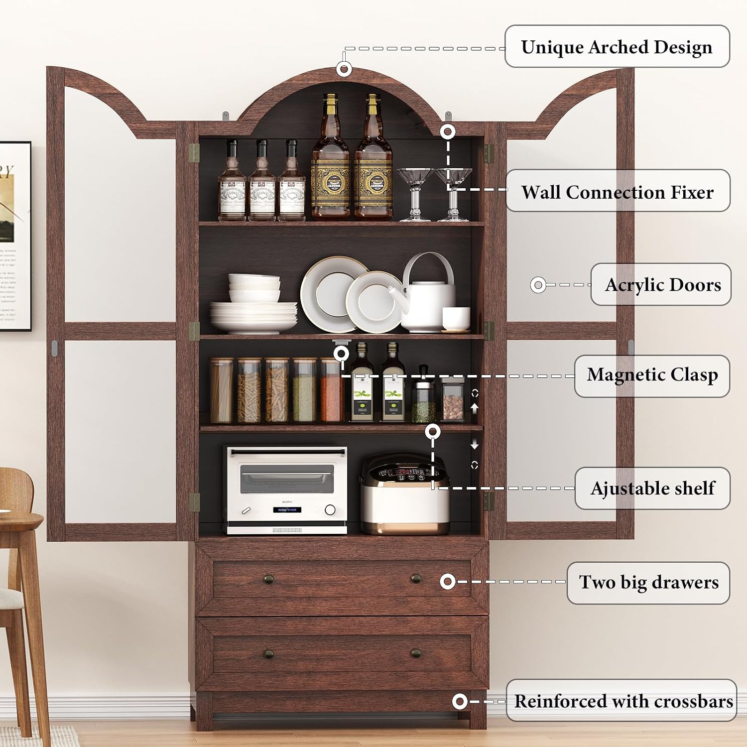 EasyCom 71 Tall Arched Pantry Cabinet, Farmhouse Wood Kitchen Cabinet with 2 Large Drawers, 4-Tier Storage Cabinet with Adjustable Shelf & Magnetic Clasp Doors for Living Room, Dining Room, Brown