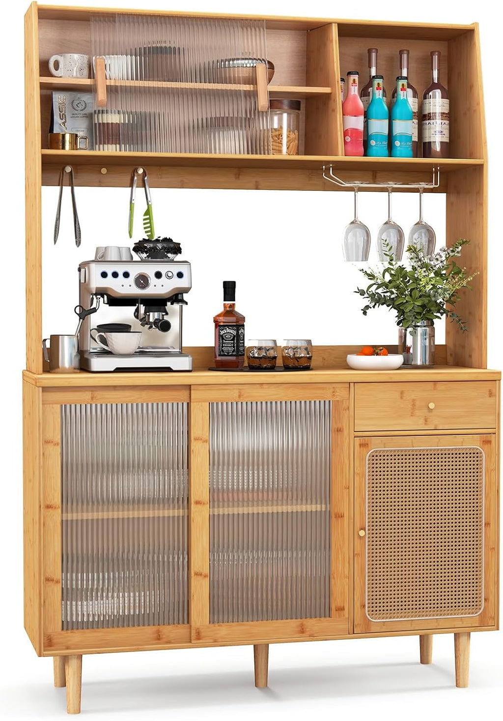 Giantex Pantry Cabinet, 69' Bamboo Hutch Cabinet with Storage, Drawer, Microwave Countertop, Glass Holder, Freestanding Buffet Sideboard with Rattan Door, Tall Cupboard for Kitchen Coffee Bar