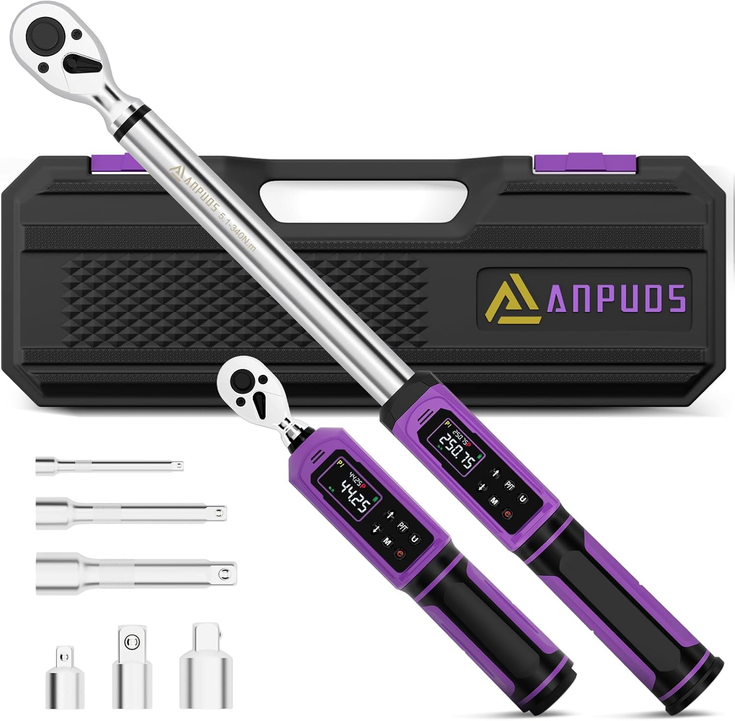 ANPUDS Digital Torque Wrench Set 3/8' & 1/2' Drive, ±1% Accuracy | 0.66-44.25 Ft-lb & 3.76-250.75 Ft-lb, Electric Torque Wrench with Vibration/Buzze/LED Flash Alert, for Car Motor Bike Repair