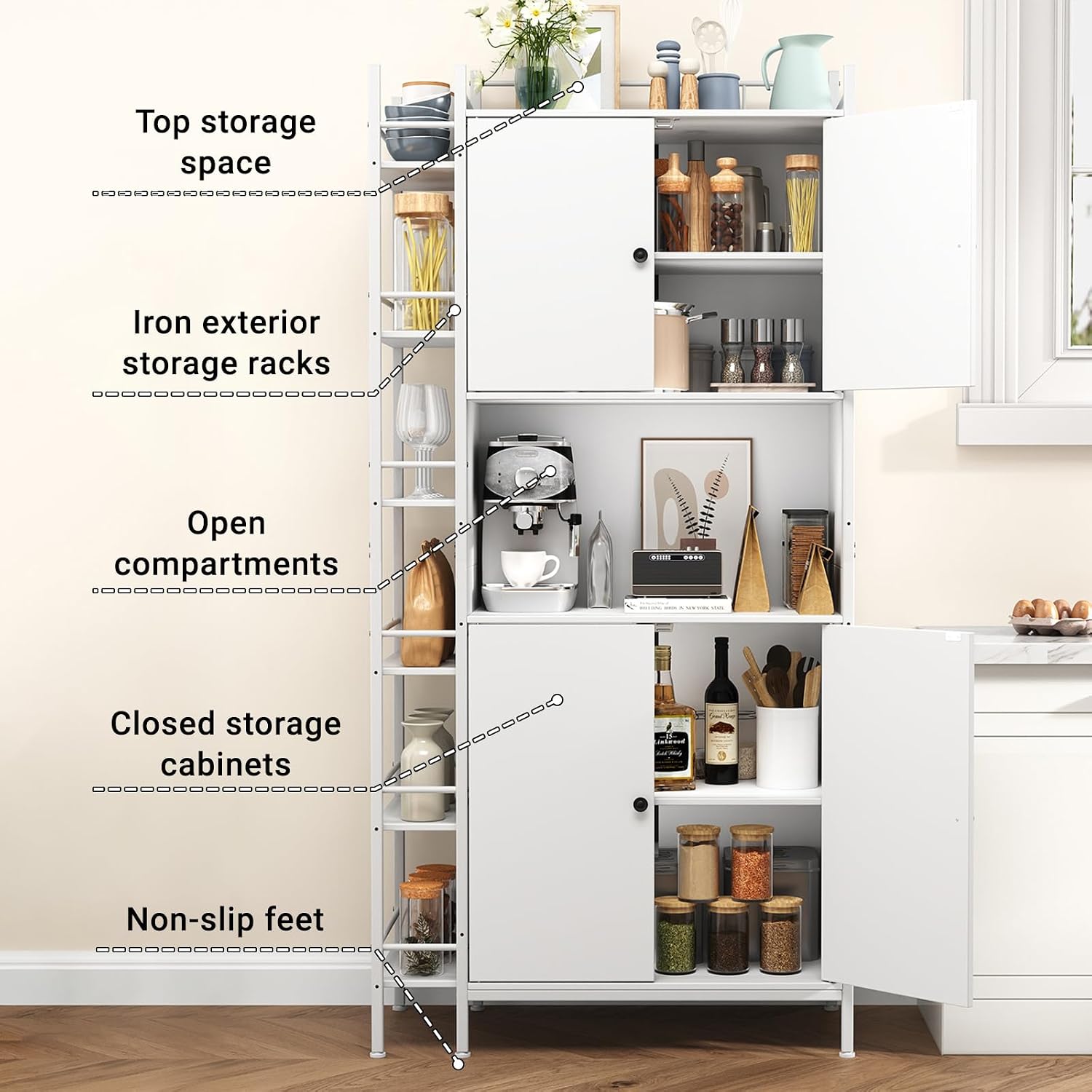 Industrial Style White Kitchen Pantry Cabinet, Tall Kitchen Hutch with Microwave Stand, Food Storage Cabinet with 6 Side Shelves and 2 Doors for Dining Room, and Living Room