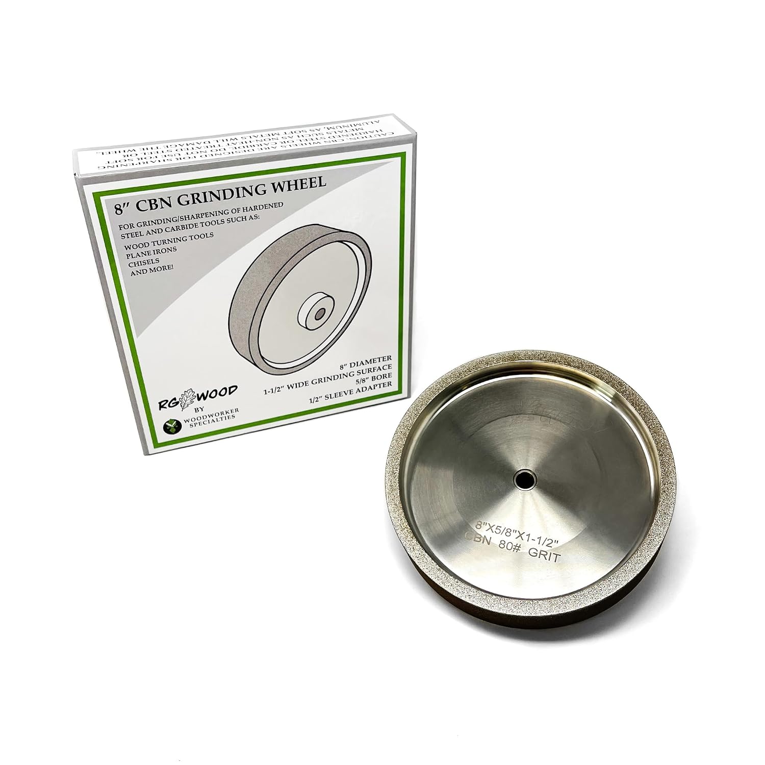 CBN8080 8' x 1.5' 80 Grit CBN Grinding Wheel with 5/8' Arbor (with 1/2' Adapter Sleeve), Tested and Adjusted for Balance