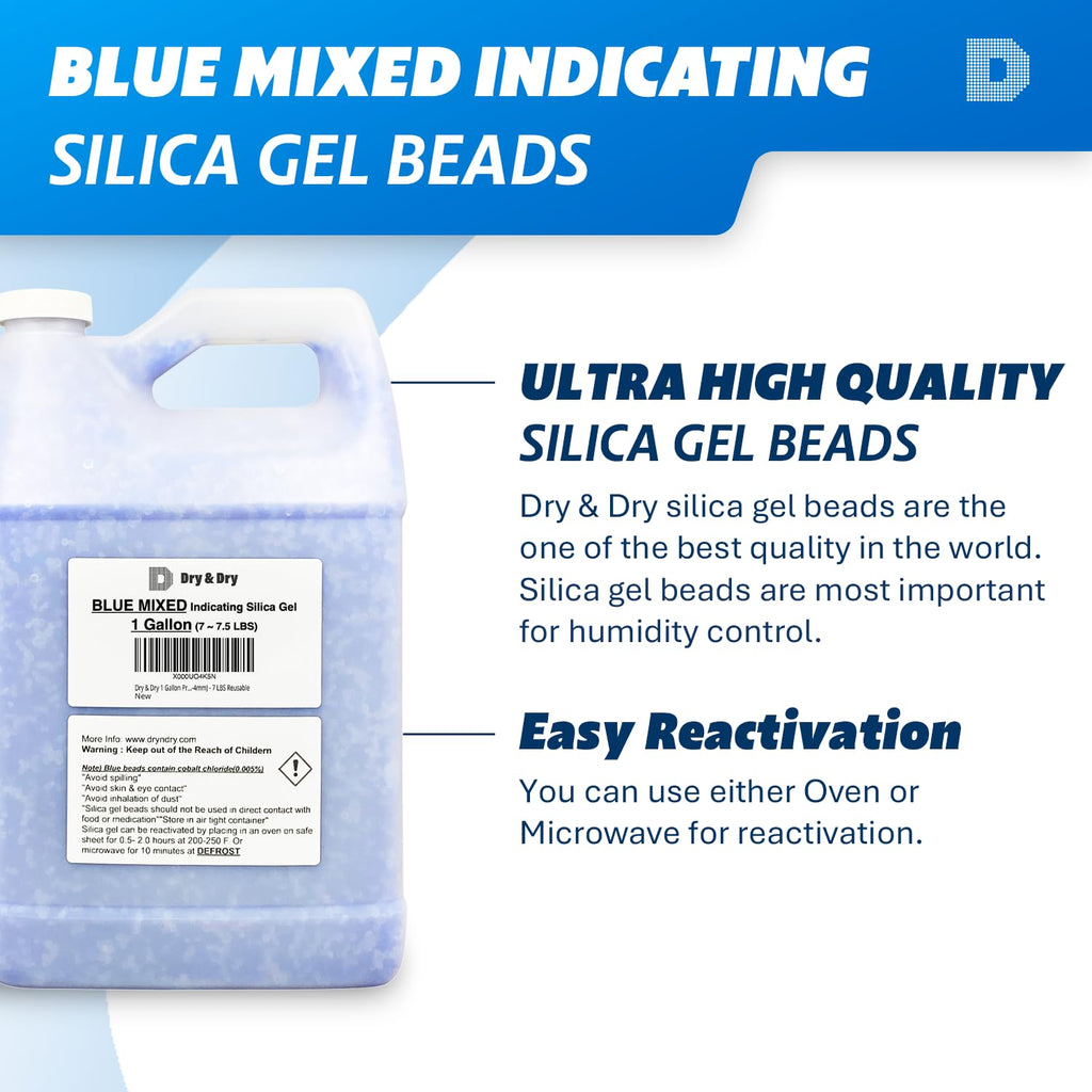 Dry & Dry 8 Gallon Premium Mixed Silica Gel with Blue Indicating Beads(Industry Standard 3-5 mm) - Reusable Silica Gel Silica Beads[Net 56-60 LBS]