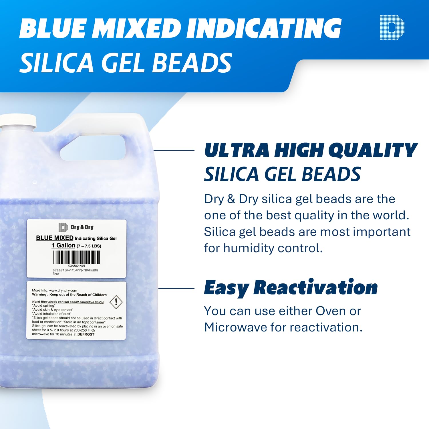 Dry & Dry 8 Gallon Premium Mixed Silica Gel with Blue Indicating Beads(Industry Standard 3-5 mm) - Reusable Silica Gel Silica Beads[Net 56-60 LBS]