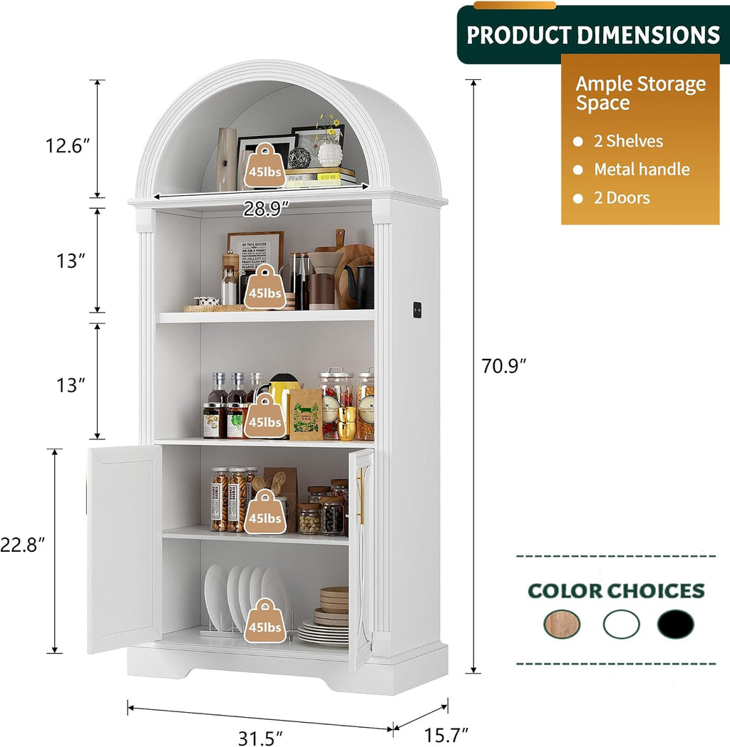 Vlsrka 71' Tall Arched Cabinet, Kitchen Pantry Cabinets, Arched Bookshelf/Bookcase,China Cabinet, Wood Kitchen Storage Cabinets with Open & Adjustable Shelves, Induction 3 Color Lights, White