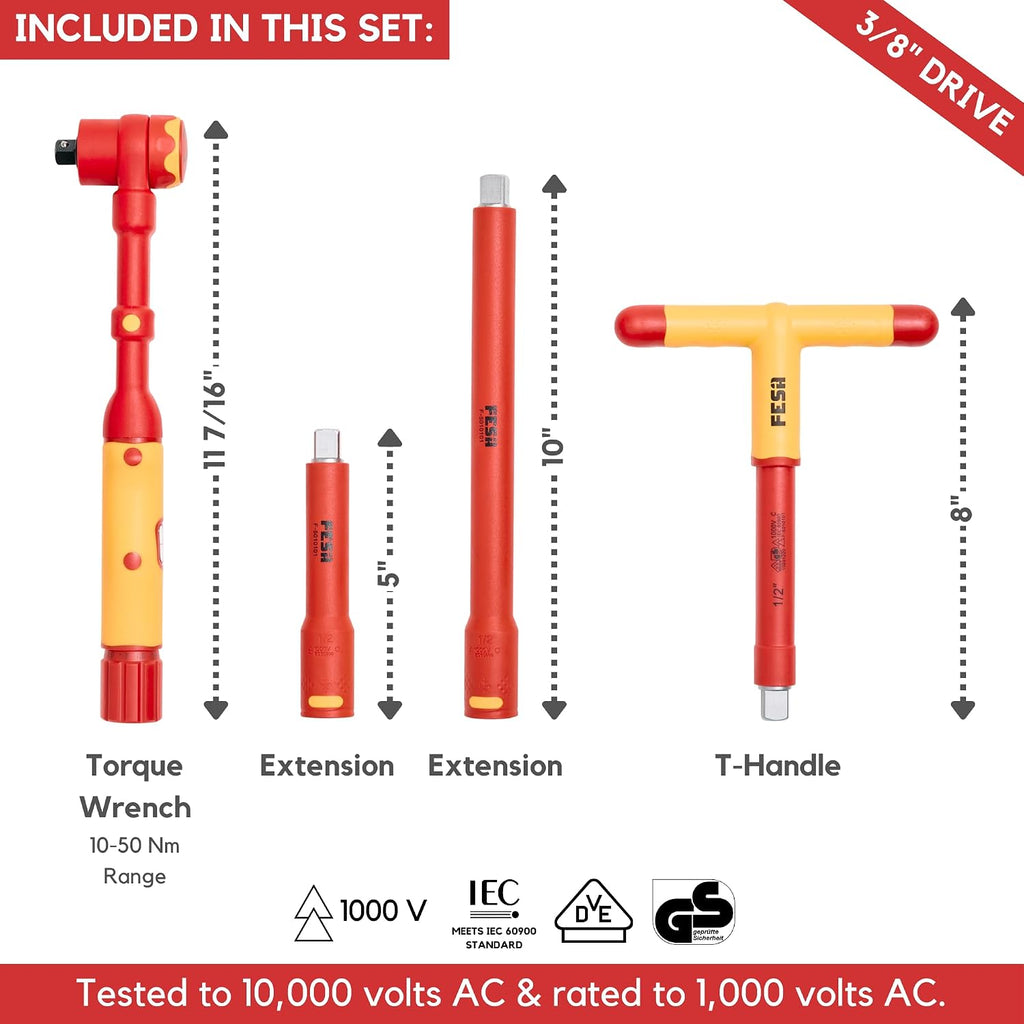 FESA Insulated Torque Socket Set - 16-Piece 1000V Insulated Tool Set w/ 3/8' Drive Insulated Torque Wrench (10-50 Nm), 8 Metric Sockets, 4 Hex Bit Sockets, 2 Extension Bars, T-Handle & Protective Case