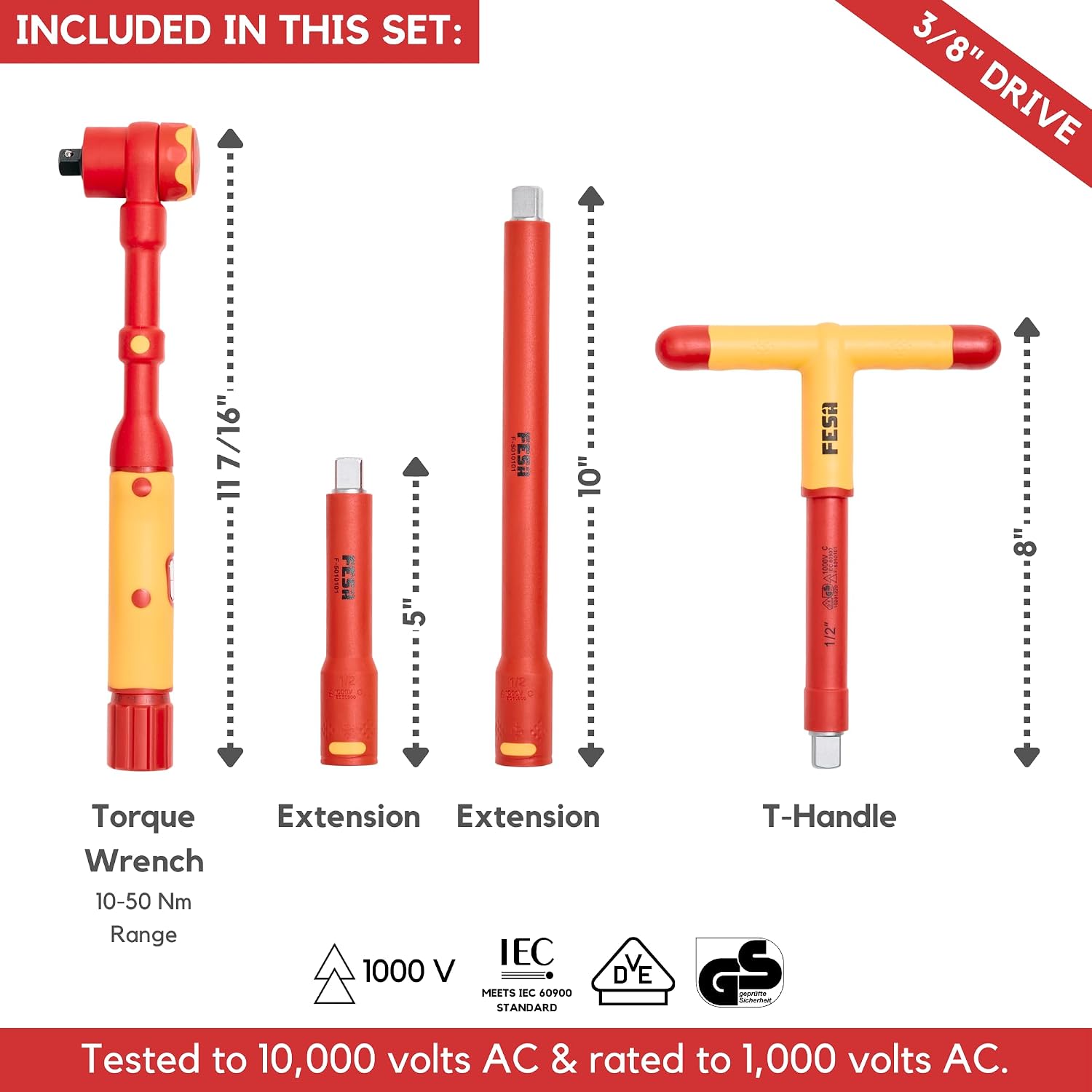 FESA Insulated Torque Socket Set - 16-Piece 1000V Insulated Tool Set w/ 3/8' Drive Insulated Torque Wrench (10-50 Nm), 8 Metric Sockets, 4 Hex Bit Sockets, 2 Extension Bars, T-Handle & Protective Case