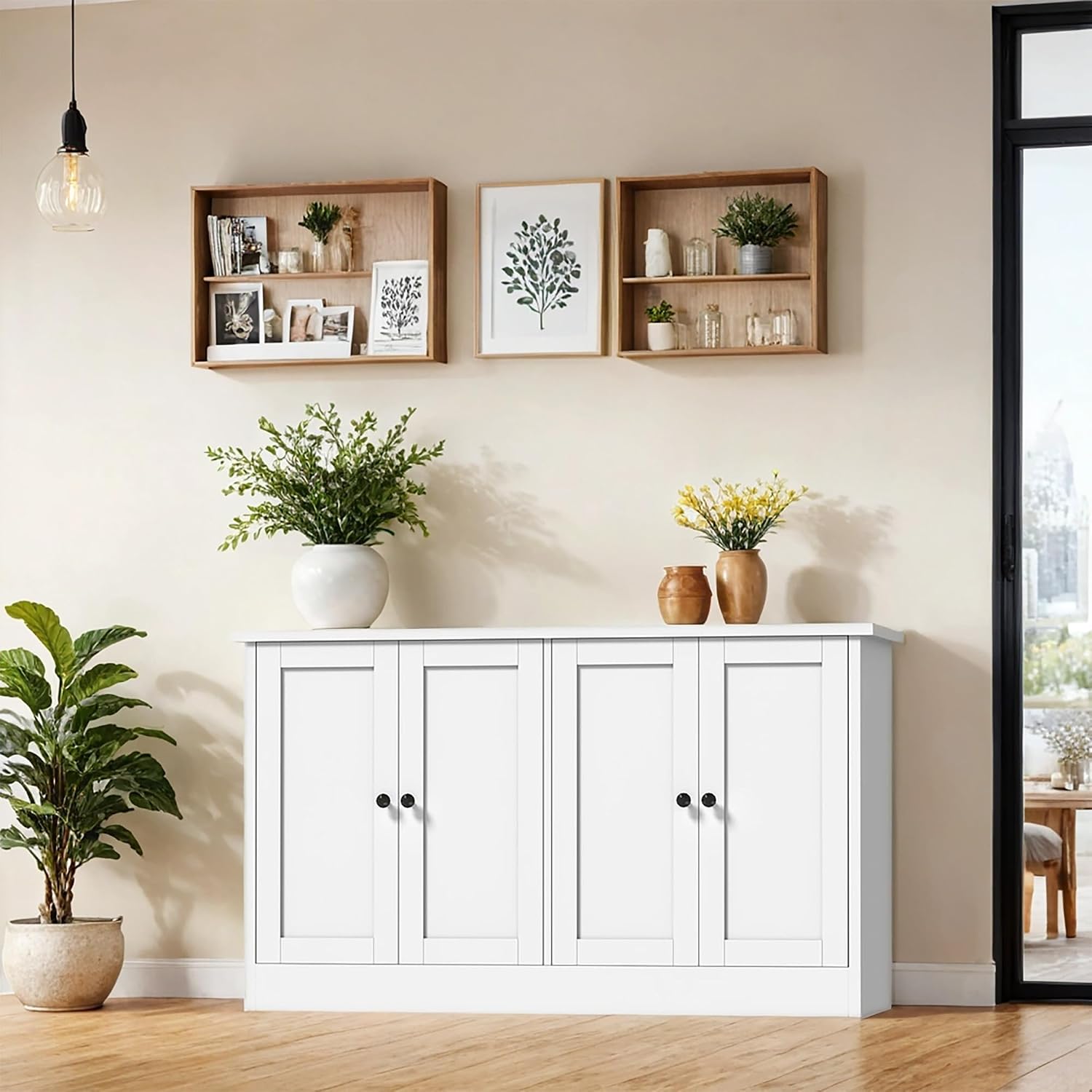 holzart White Buffet Cabinet with Storage, 49' Modern Kitchen Sideboard with 4 Doors & Adjustable Shelves, Wood Coffee Bar Cabinet Console Table for Dining Room, Living Room, Entryway