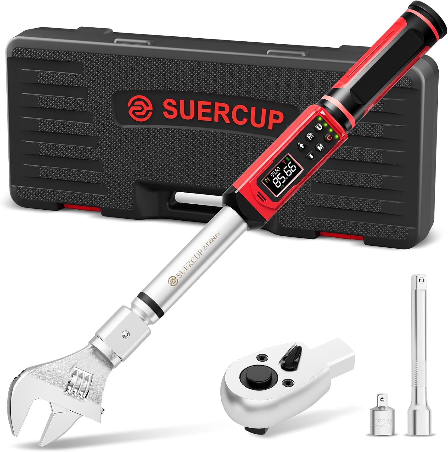 SUERCUP 1/2' Adjustable Digital Torque Wrench (1.5-99.6Ft.Lb/2-135N.m) | Interchangeable 14x18mm Head with 42mm Jaw & 1/2' Ratchet, Vibration, Buzzer & LED Flash, for HVAC, Flare Nut & Auto Repair