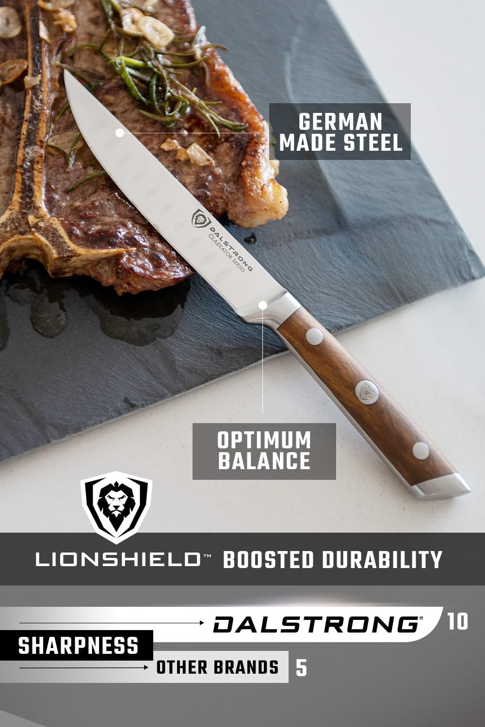 Dalstrong Non Serrated Steak Knives Set of 4-5 inch Straight Blade Steak Knife Set - Sheaths - Forged German Steel - Olive Wood G10 Handle - Gladiator Series Dinner Set - NSF Cuchillos para Carne