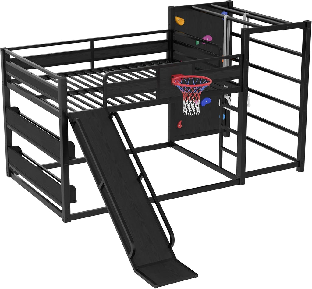 Metal Full Over Full Bunk Bed with Slide and Bookshelf, Modern Heavy Duty Bunk Bed with Basketball Hoop, Pull-Up Rings and Climbing Wall, Low Playhouse Loft Bed for Kids, Black