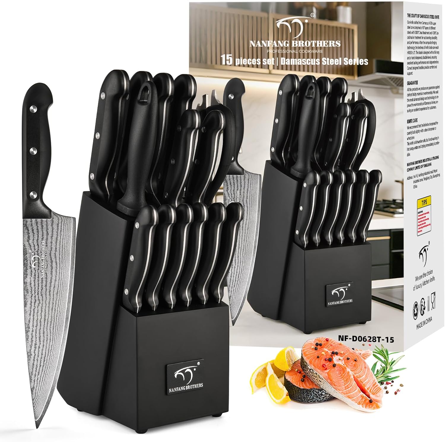 NANFANG BROTHERS 15-Piece Damascus Kitchen Knife Set, 67-Layer VG10 Japanese Steel, Professional Chef & Steak Knife Set with Compact Block, Triple-Riveted Handles (Hand-Wash Only)