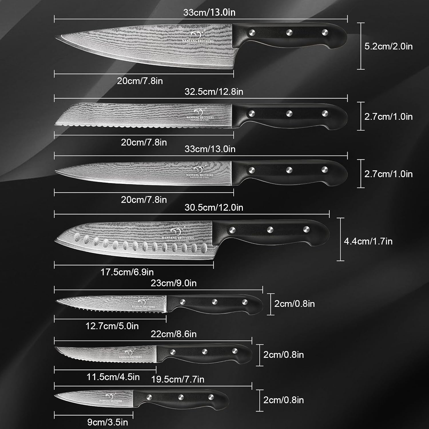 NANFANG BROTHERS 15-Piece Damascus Kitchen Knife Set, 67-Layer VG10 Japanese Steel, Professional Chef & Steak Knife Set with Compact Block, Triple-Riveted Handles (Hand-Wash Only)