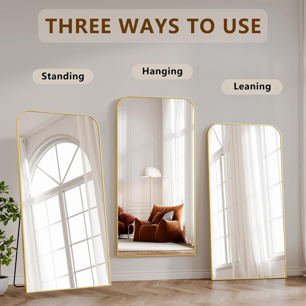 Koonmi Full Length Mirror, 71'x30' Mirror Full Length with Stand, Gold Domed Top Square-Edged Floor Mirror with Aluminum Alloy Frame for Bedroom Living Room
