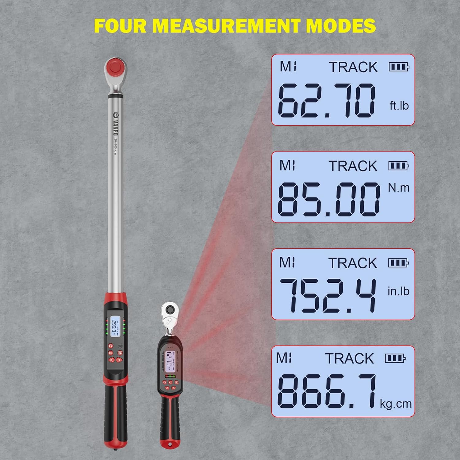 VANPO 3/8' & 1/2' Digital Torque Wrench Set, 3.1-62.7Ft.lb+14.7-295Ft.lb | 4.2-85Nm+20-400Nm, ±2% Accuracy, Preset Value, Buzzer & LED Indicator, Data Storage, for Car, Motorcycle, Truck, RV & Towing