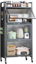 Microwave Stand with Wheels, Foldable Metal Kitchen Rack, Dust-Proof Cabinet Storage, Free Standing Baker's Rack for Microwave Ovens, Perfect for Garage & Home Use,Black,3,Tier
